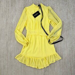 NWT PrettyLittleThing Lemon Yellow Long Sleeve Ruffle Dress 6
